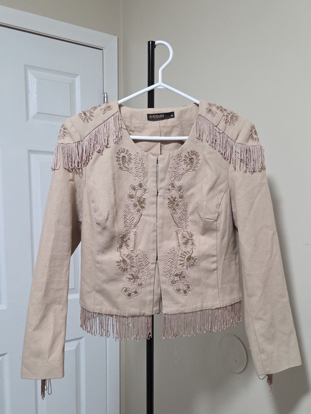 Supertrash 100% Cotton  Blush Embroidered Fringe Leather Jacket